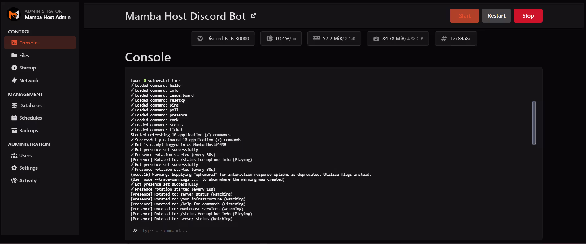 Mamba Host Control Panel - Server management interface showing console, file manager, and resource monitoring